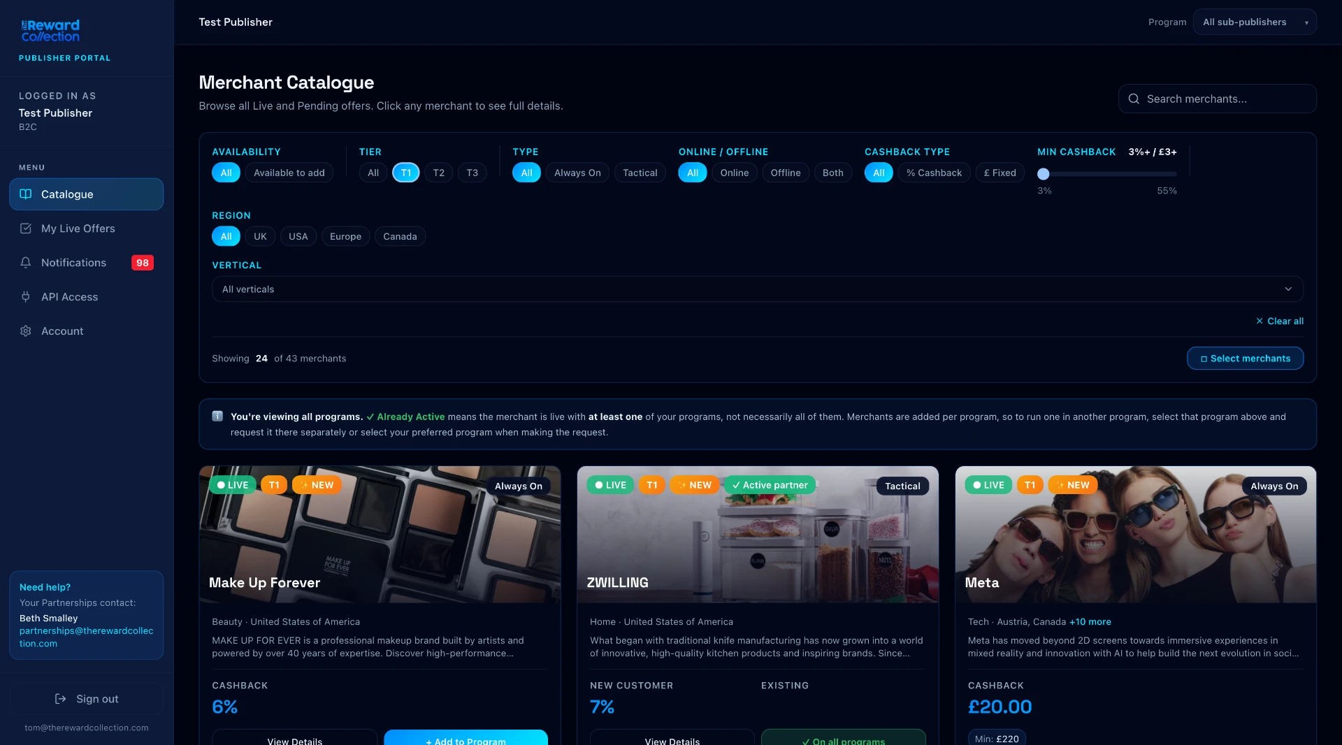 The Reward Collection Publisher Portal — Merchant Catalogue dashboard